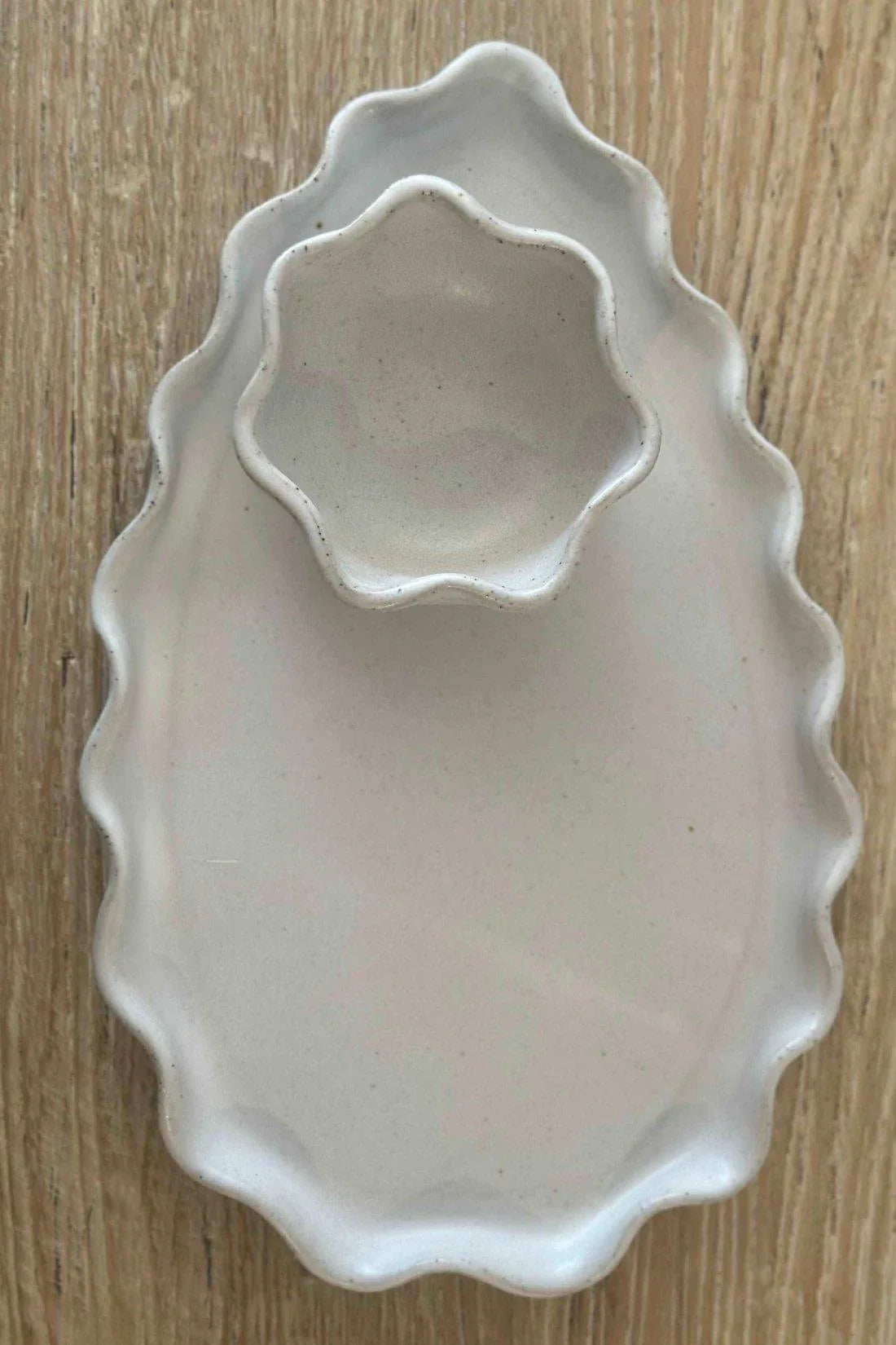 White ceramic wave dip bowls, 10cm by 10cm, Avoca white glaze