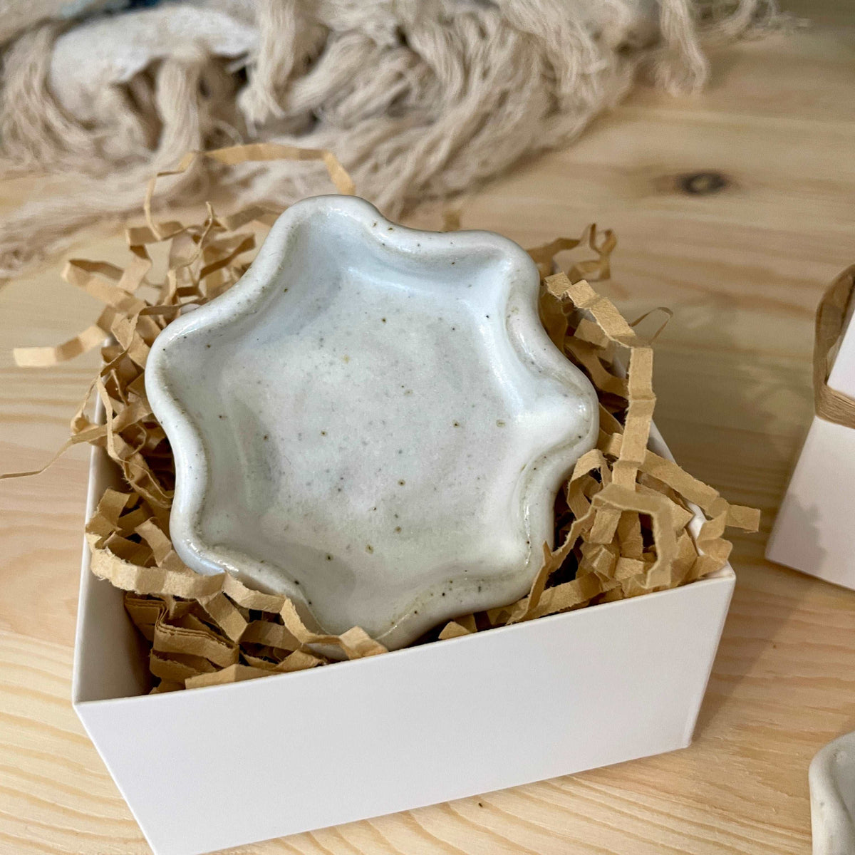 Close-up of the Avoca white glaze on the ceramic ring dish