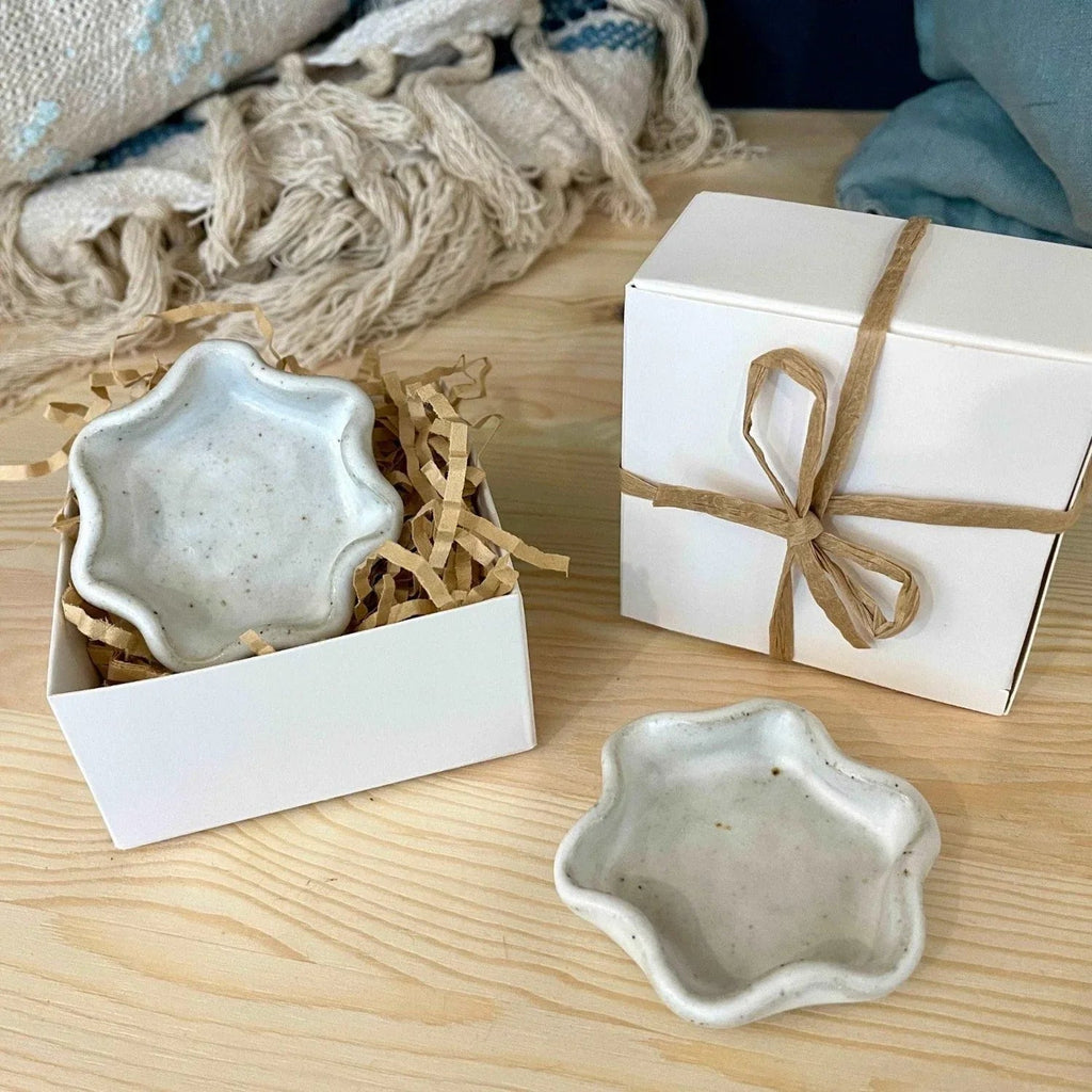 Handcrafted white ceramic ring dish by Polly Barton Ceramics with gift box